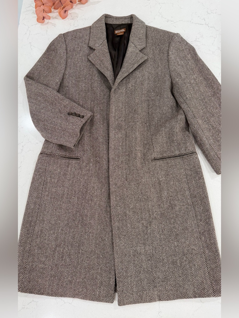 Michael Kors 100% Wool Men's Taupe Herringbone Wool Pea Coat - Picture 3 of 15